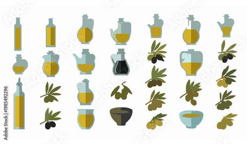 Olive oil icons vertical vector set with Mediterranean food product variations in flat style