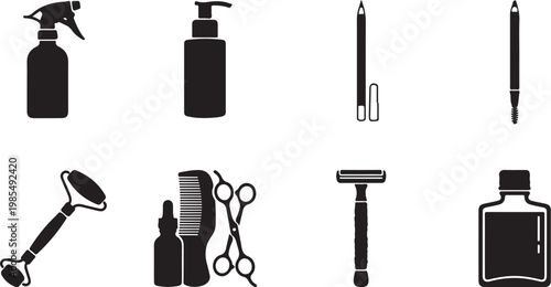 Black grooming icons, beauty tools, shaving kit, barber equipment, vector graphics
