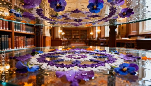 Rangoli made of only water-soaked flower petals on a glass table, viewed from below