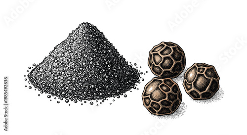 Detailed black and white engraving of whole black peppercorns next to a small heap of ground black pepper on a white background.