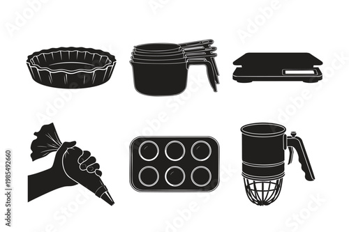 Baking utensils silhouette set bundle: cake pan, measuring cups, scale.