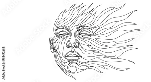 Continuous Line Art Face Dissolving into Waves Emotional Release Minimal Illustration