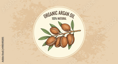 Vintage style label for organic argan oil featuring a central illustration of an argan branch with nuts and leaves on a beige background.