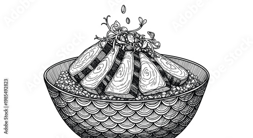 Detailed black and white engraving of a healthy bowl filled with sliced fish, grains, and sprouts in a decorative patterned bowl.