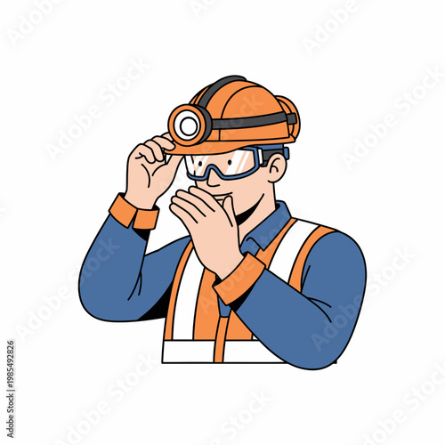 Construction worker adjusting hard hat and safety goggles, ready for work