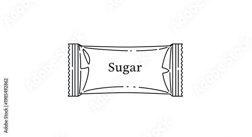 Minimalist black and white line drawing of a small individual portion sugar packet used in coffee shops and restaurants.