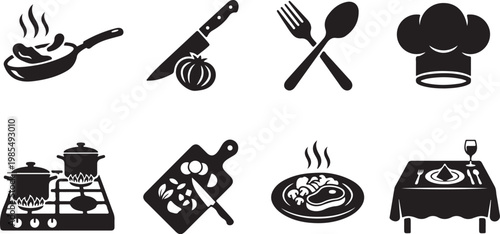 Kitchen Icons, Cooking Symbols, Black Vector Graphics, Restaurant Elements, 8-Piece Set