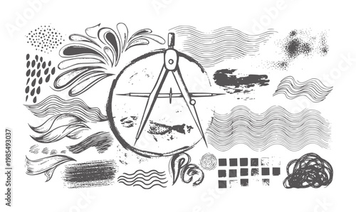 Collection of hand drawn including compass and wavy lines tool measurement geometry
