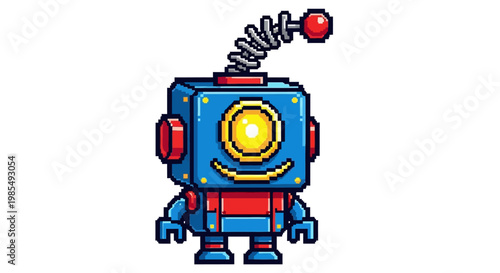 Cute Pixel Art Blue Robot Character with Antenna.