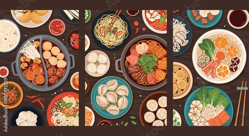 Three vertical panels showcasing a diverse spread of Asian cuisine including hot pot, dumplings, noodles, and dim sum from a top view.