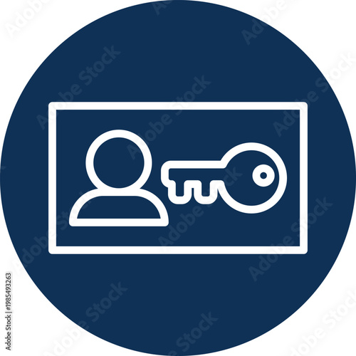 Icon of a person silhouette and key on a card within a blue circle