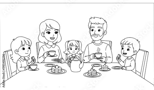 Family tea time coloring book page with parents and children eating sweets cartoon outline vector illustration