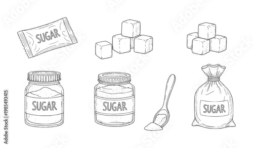 Hand drawn sugar products including cubes packet jar spoon and bag food sweet ingredient