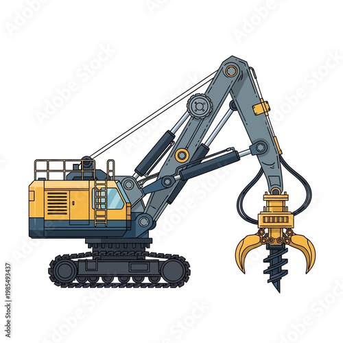 Heavy Duty Excavator with Drill Attachment on White Background