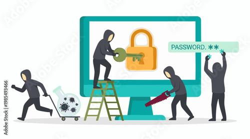 Cybercrime and data security threats with hackers attacking a computer system