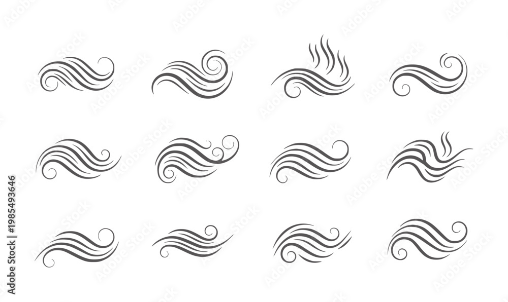 Fototapeta premium Twelve dark grey swirling wave and wind white curl flow
