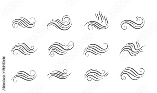 Twelve dark grey swirling wave and wind white curl flow