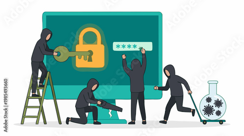 Cyberattack concept: hackers breach computer security, steal data, and spread virus