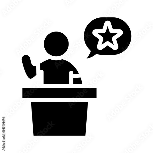 Person at podium with speech bubble containing a star