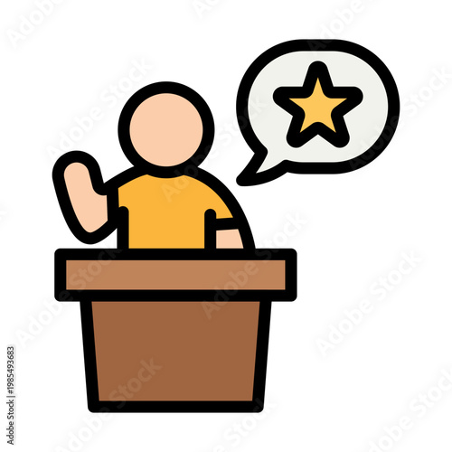Person at podium with speech bubble containing star