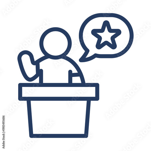 Person at a podium with a speech bubble containing a star