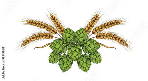 Symmetrical and balanced composition of green hop cones and golden wheat ears symbolizing traditional brewing ingredients and harvest themes.