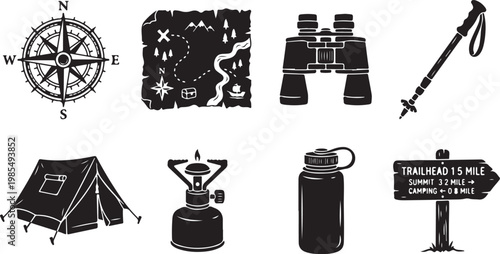 Camping icons, travel symbols, outdoor adventure graphics, black vector illustrations