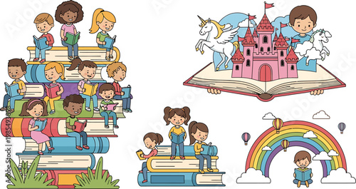 Diverse Children Reading Books and Exploring Imaginary Worlds with Castles Unicorns and Rainbows Vector Illustration