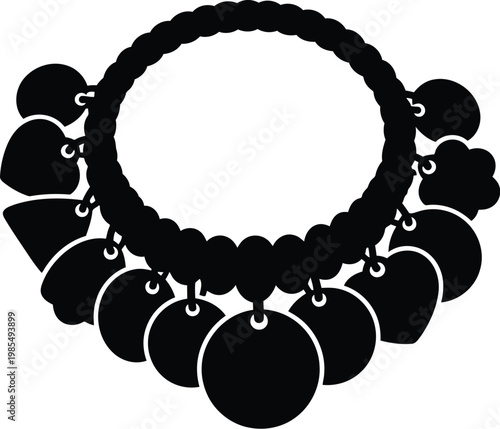 A black and white image of a bracelet with charms