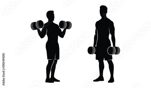 Two muscular men are depicted lifting dumbbells in a side by side comparison showcasing fitness and strength training silhouette high quality professional detailed modern