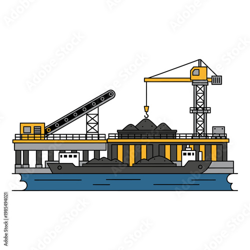 Industrial loading dock with crane and barge unloading coal