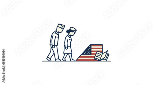 Solemn Military Mourners at a Grave with American Flag