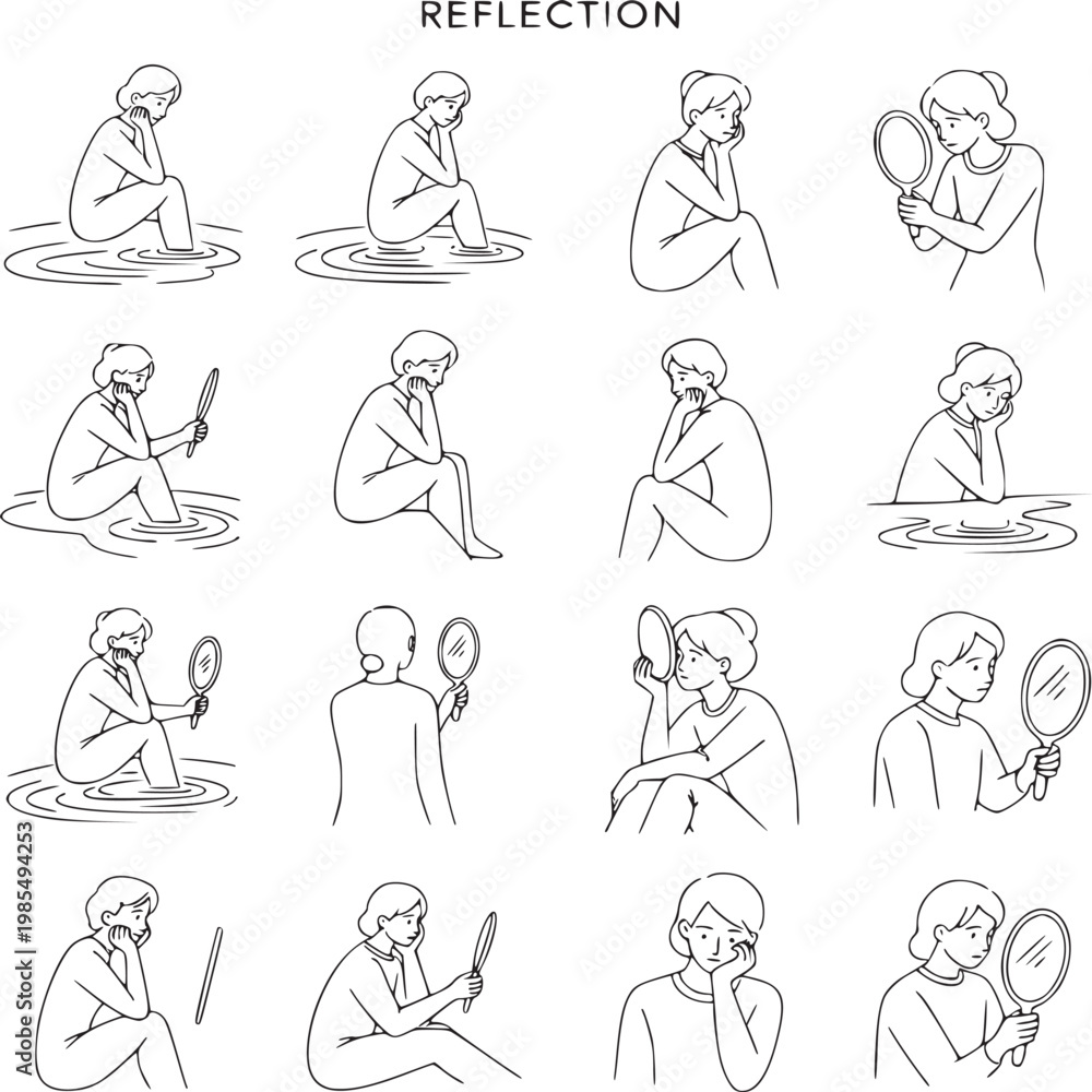 Naklejka premium Series of reflective human poses in minimalist line art for emotional and psychological concepts
