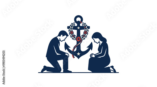 Couple Kneeling in Prayer with Anchor and Wreath Symbol