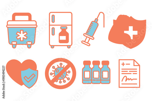 Vaccination and health protection outline icons set, modern line style icons representing vaccine injection, immunity, safety shield, and medical care for clinics