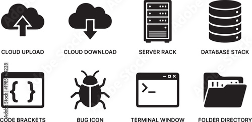 Cloud computing, web development, server icons, database symbols, coding graphics