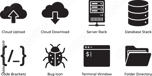 Cloud computing, web development, server icons, database symbols, coding graphics