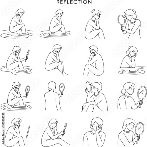 Series of reflective human poses in minimalist line art for emotional and psychological concepts