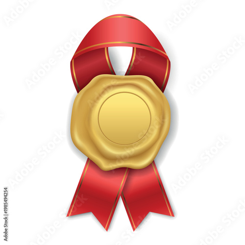 Vector Award Seal with Red Ribbon Rosette Badge Icon, Isolated. Blank Label Template Isolated. Winner Prize Achievement Emblem for Certificates, Packaging, Branding, Quality Guarantee Sticker