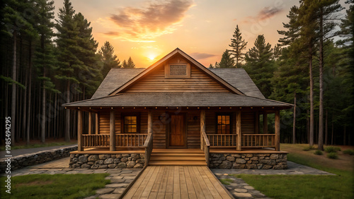 Rustic wooden cabin in pine forest at golden sunset with warm lighting
