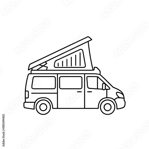 A simple line drawing of a generic recreational vehicle with a pop-up roof and windows is shown