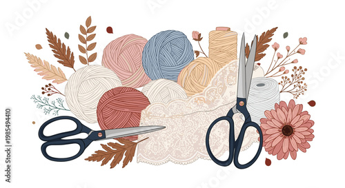Cozy craft composition of colorful yarn balls delicate lace fabric sharp scissors and dried flowers for hobby knitting and sewing projects.