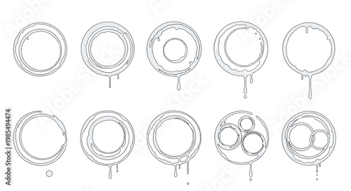 Realistic collection of messy coffee or tea ring stains with liquid drips and circular splatters on a plain background for grunge designs.