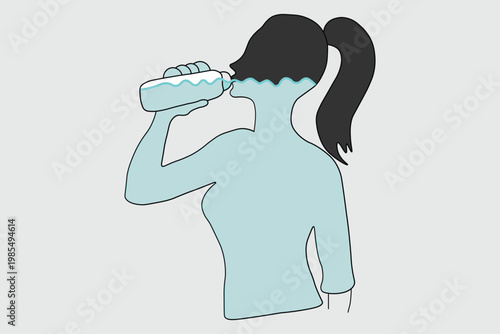 Conceptual vector illustration of a woman drinking water, silhouette of female body filling with liquid, hydration and health metaphor