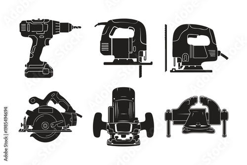 Electric power tools silhouette bundle, construction equipment set.