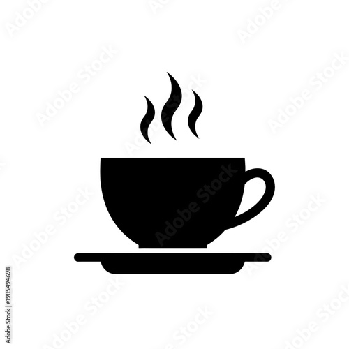 A simple black and white illustration of a hot beverage in a ceramic cup and saucer
