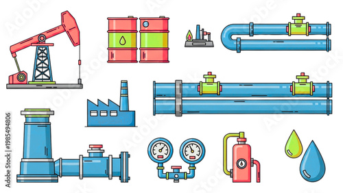 Oil industry and gas production equipment icons featuring colored flat line illustrations of oil rigs barrels pipelines valves and storage tanks for energy sector presentations and industrial.