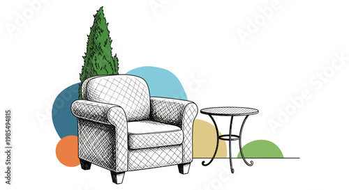 Modern interior scene featuring a quilted armchair a small round table and a tall cypress plant with abstract colorful shapes background.