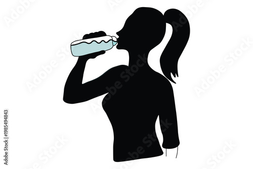 Woman drinking water silhouette, female athlete hydrating with plastic bottle, healthy lifestyle vector illustration, fitness and wellness concept