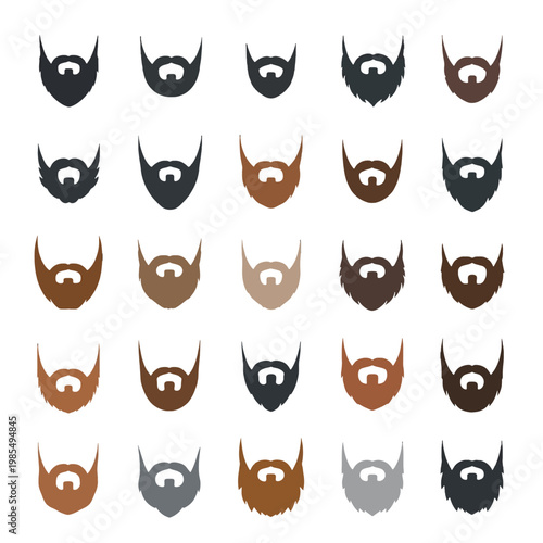 Collection of various beard styles in different colors on a white background design